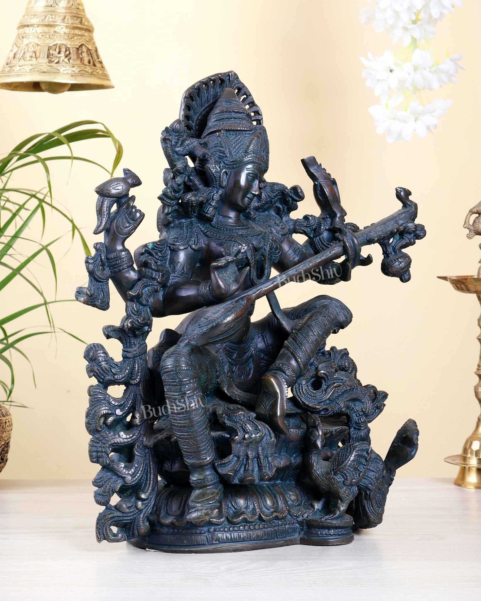 Brass goddess Saraswati Idol unique finish - 16" majestic console sculpture - Budhshiv.com