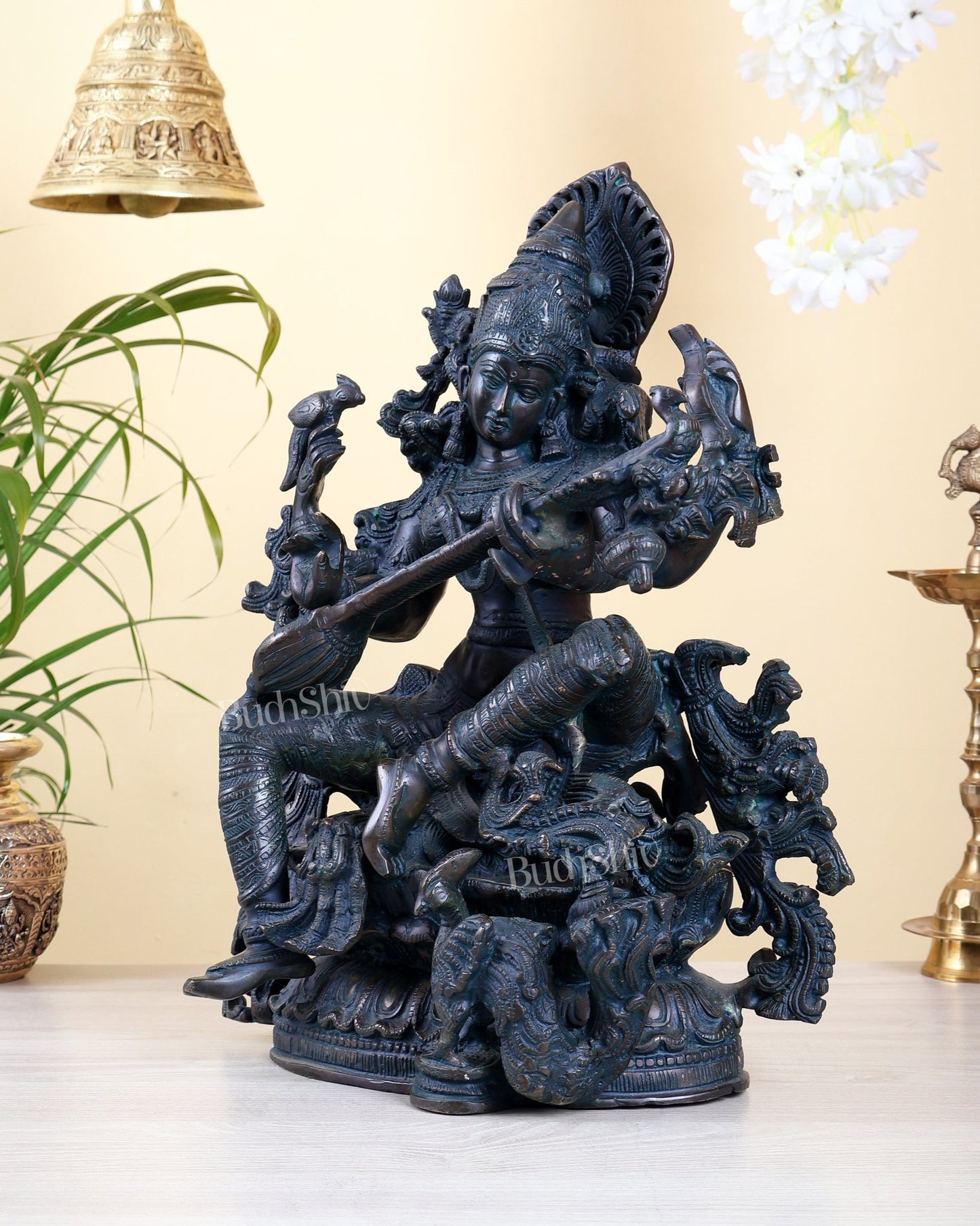 Brass goddess Saraswati Idol unique finish - 16" majestic console sculpture - Budhshiv.com