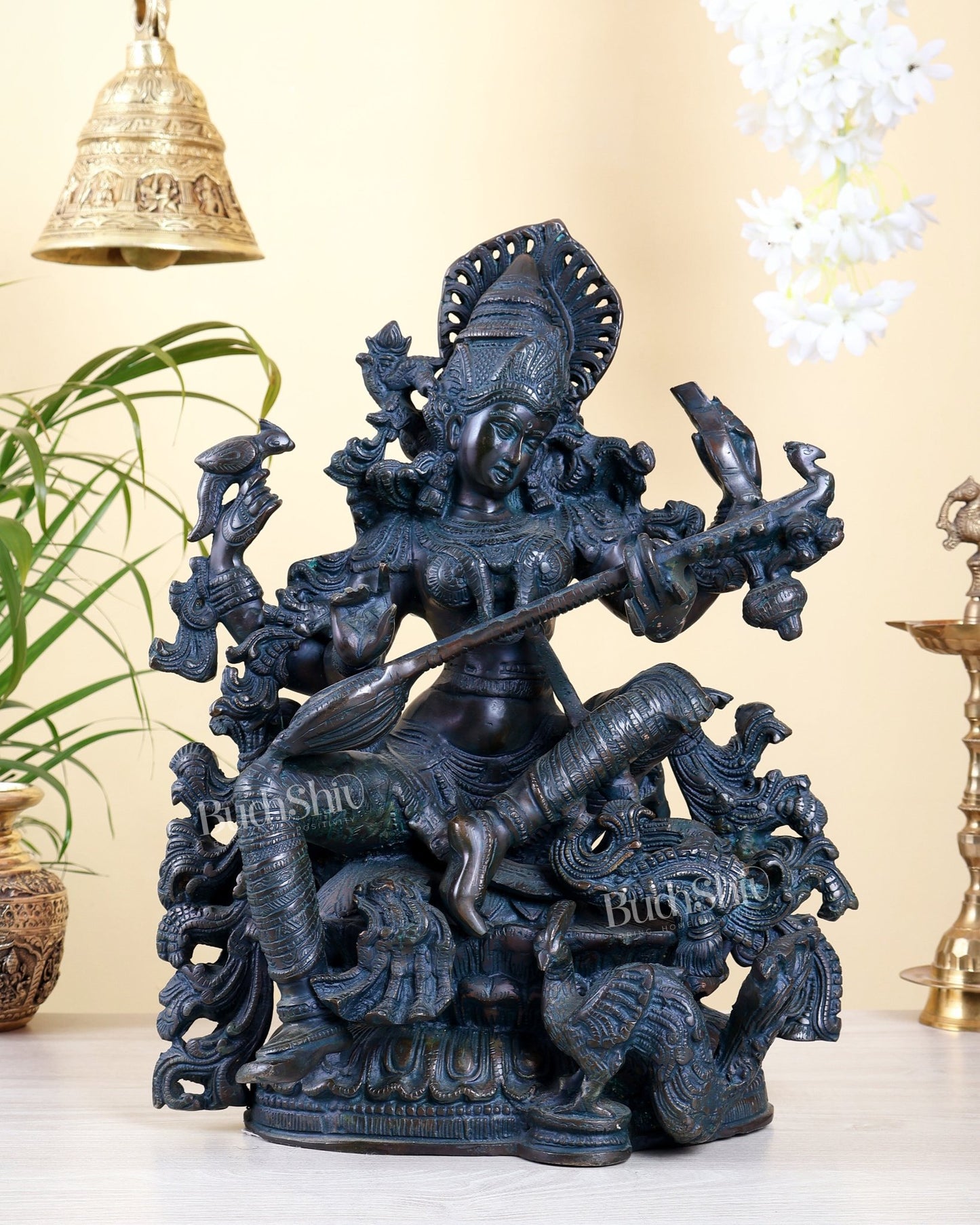 Brass goddess Saraswati Idol unique finish - 16" majestic console sculpture - Budhshiv.com