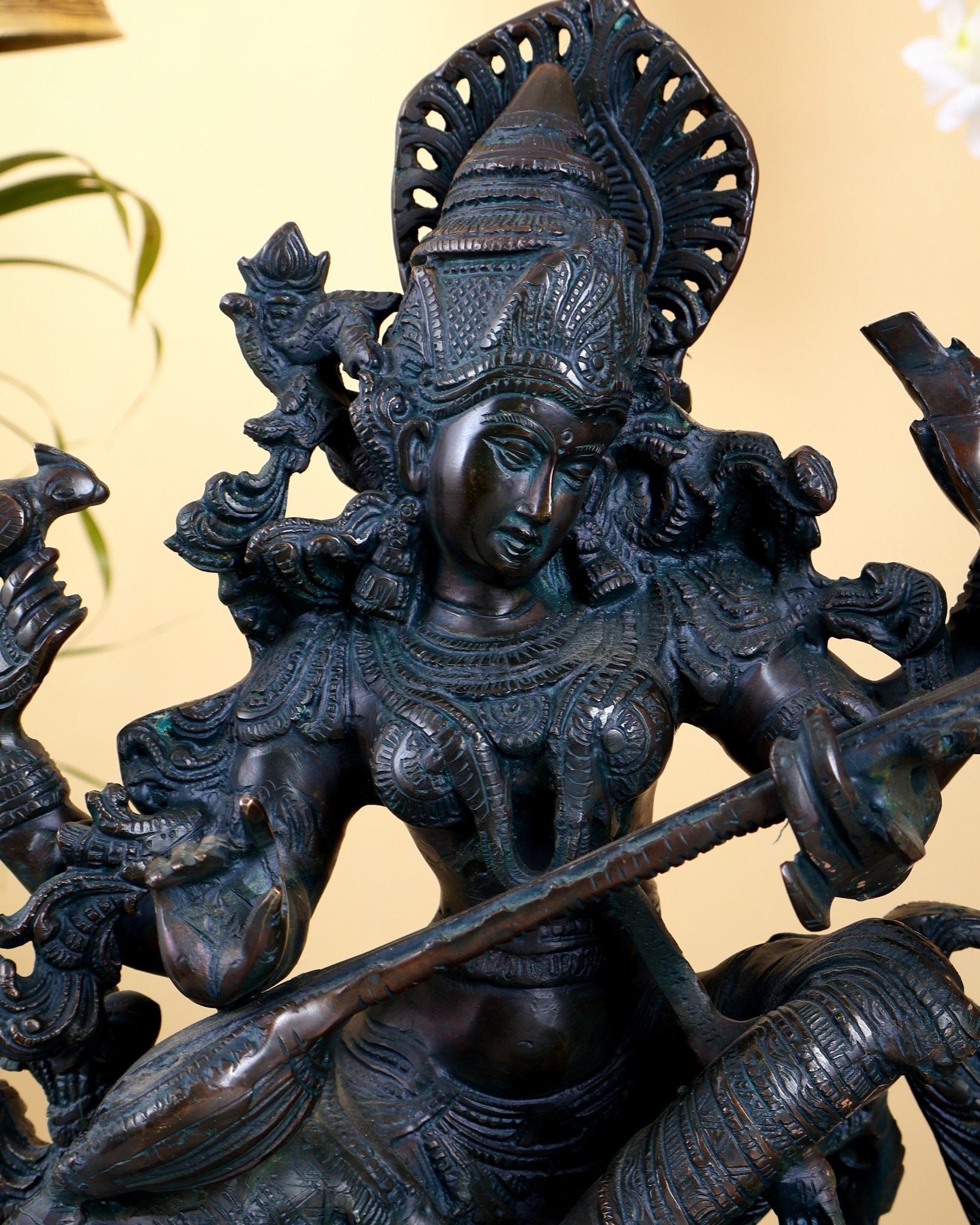 Brass goddess Saraswati Idol unique finish - 16" majestic console sculpture - Budhshiv.com
