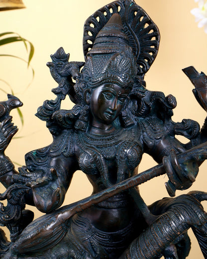 Brass goddess Saraswati Idol unique finish - 16" majestic console sculpture - Budhshiv.com