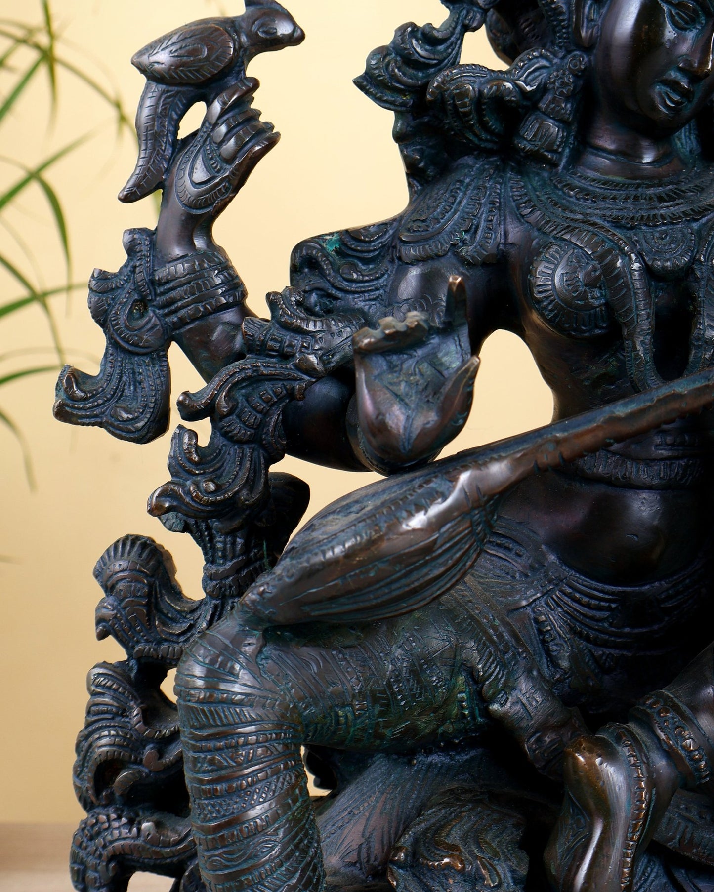 Brass goddess Saraswati Idol unique finish - 16" majestic console sculpture - Budhshiv.com