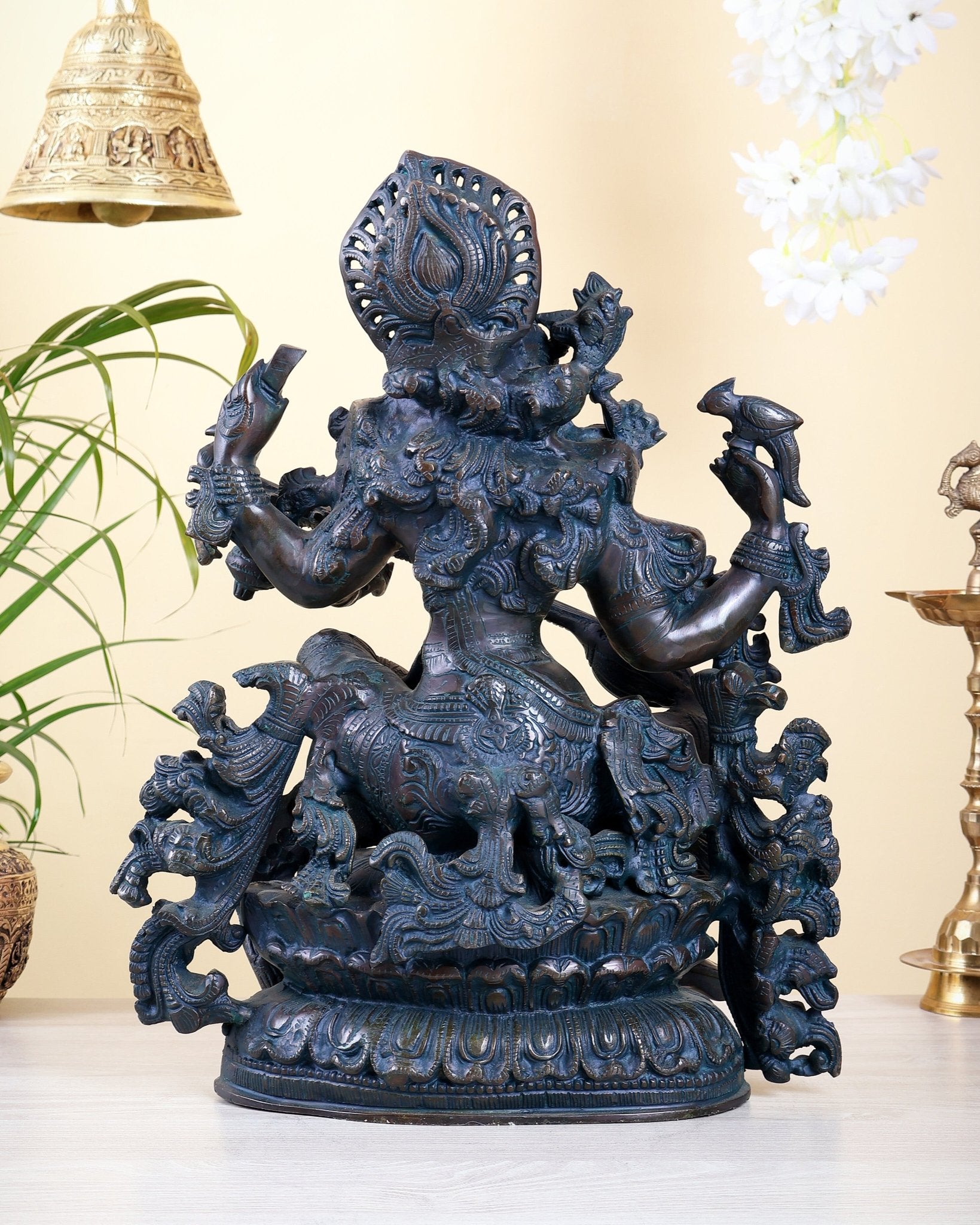 Brass goddess Saraswati Idol unique finish - 16" majestic console sculpture - Budhshiv.com