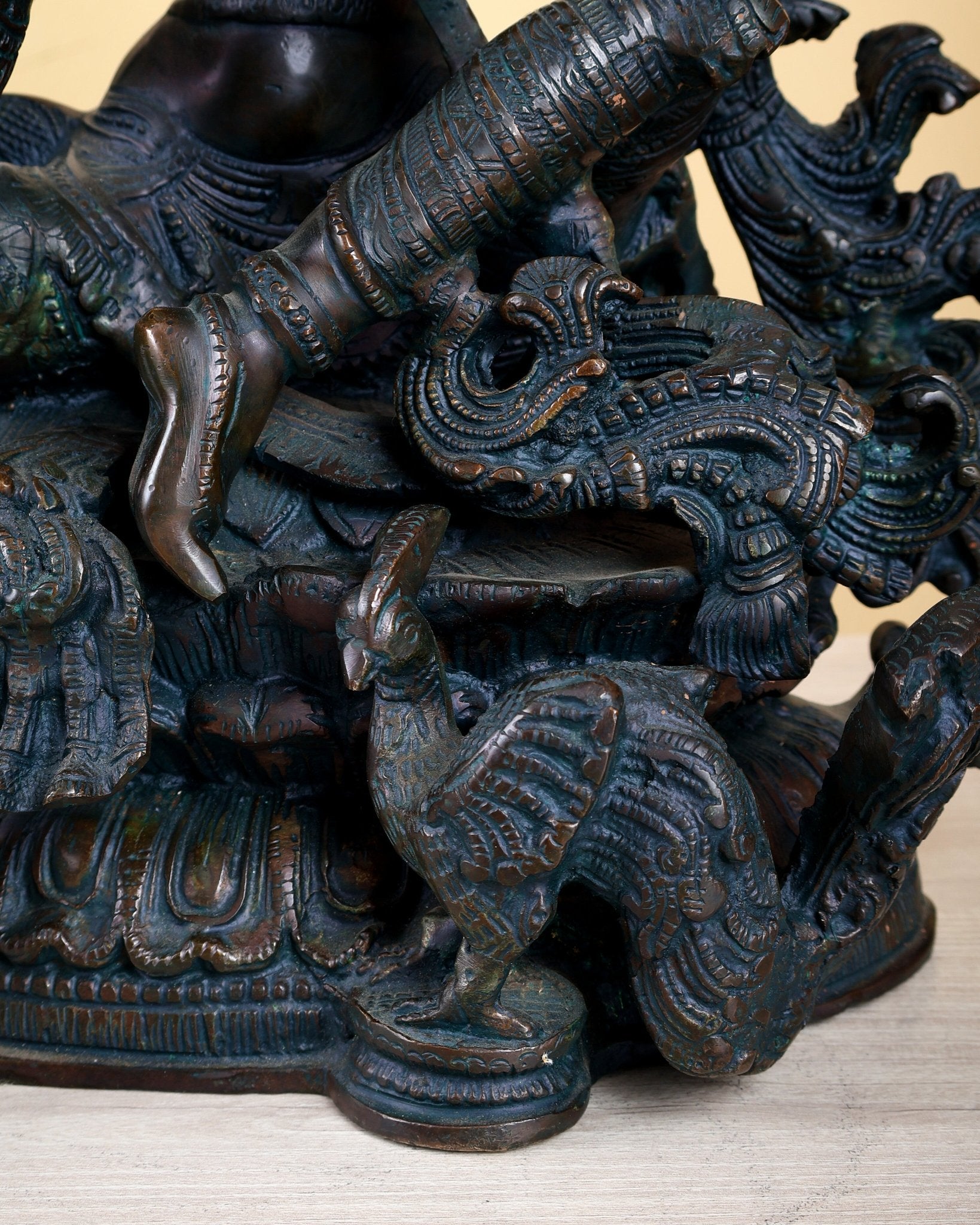 Brass goddess Saraswati Idol unique finish - 16" majestic console sculpture - Budhshiv.com