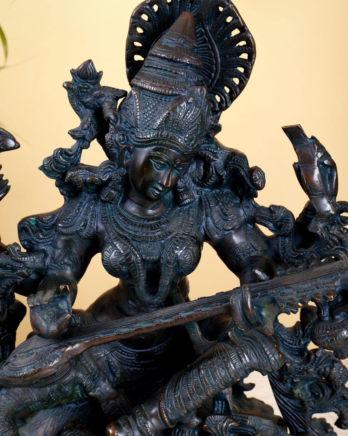 Brass goddess Saraswati Idol unique finish - 16" majestic console sculpture - Budhshiv.com