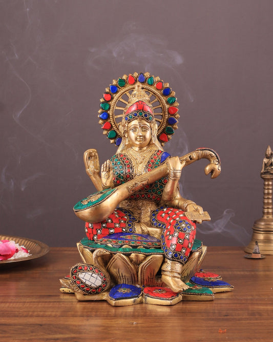 Brass Goddess Saraswati Sitting on Lotus with Swan | 11 Inch meenakari - Budhshiv.com
