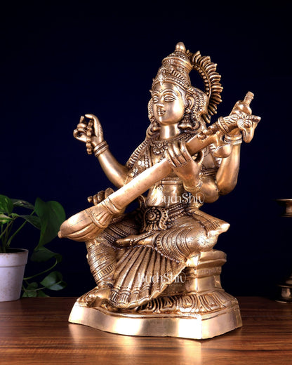 Brass Goddess Saraswati Statue – Handcrafted Idol of Wisdom & Knowledge 18 inch - Budhshiv.com