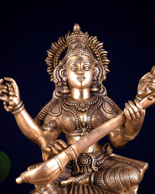 Brass Goddess Saraswati Statue – Handcrafted Idol of Wisdom & Knowledge 18 inch - Budhshiv.com