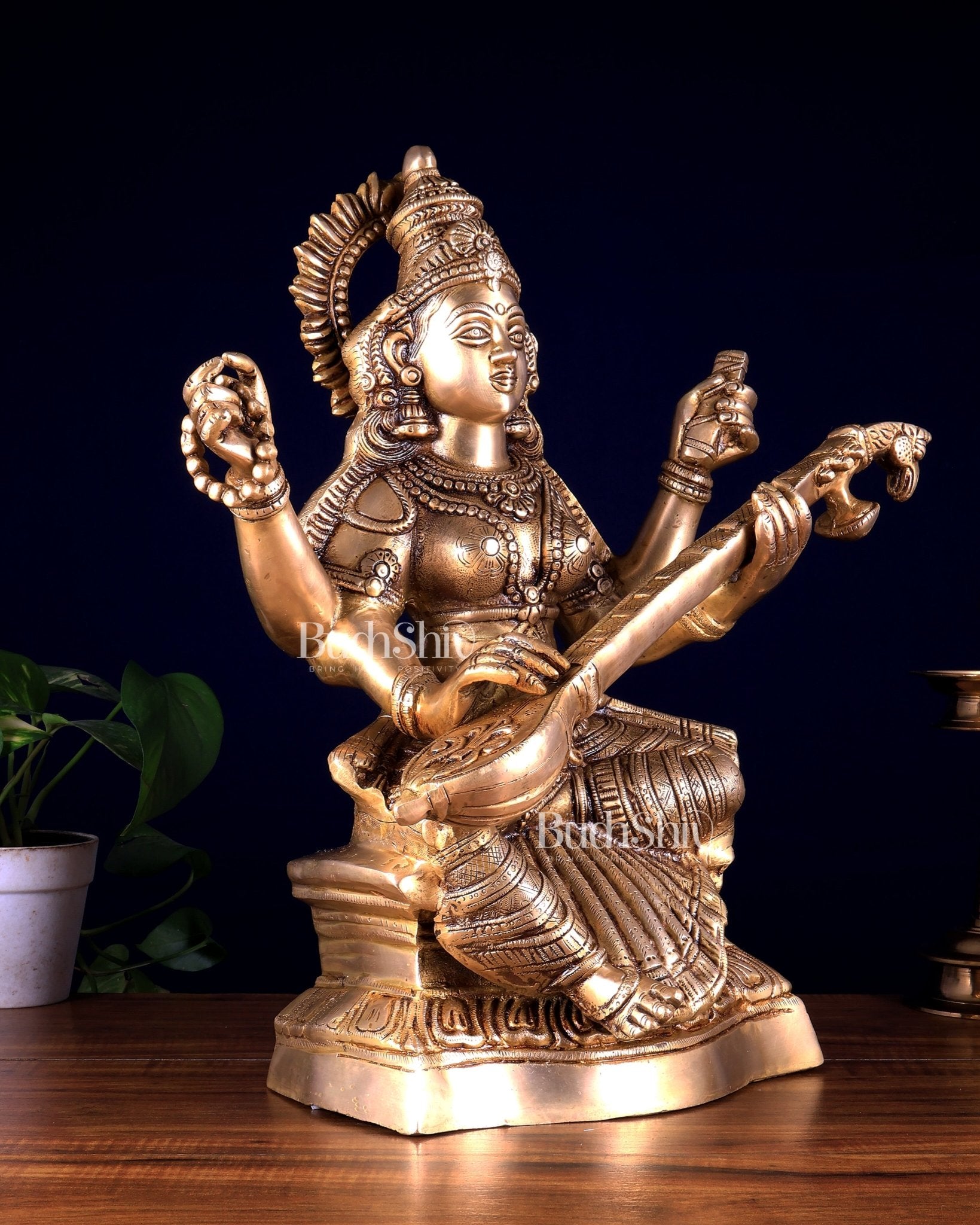 Brass Goddess Saraswati Statue – Handcrafted Idol of Wisdom & Knowledge 18 inch - Budhshiv.com