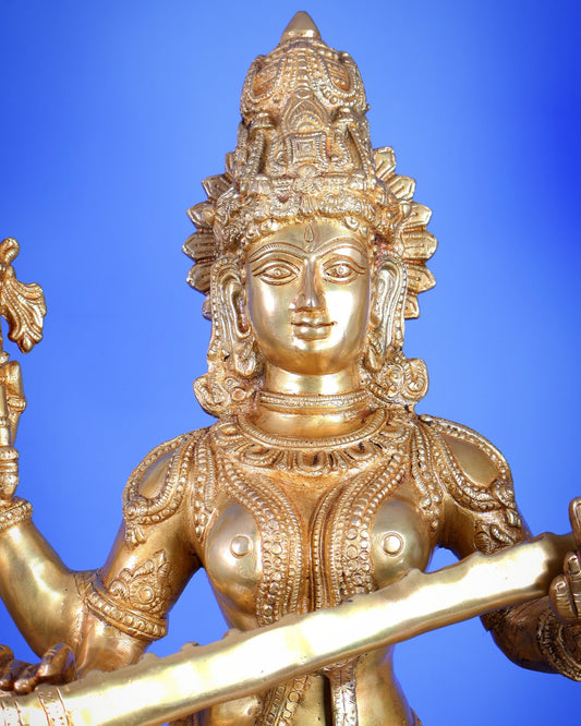 Brass Goddess Saraswati Statue Majestic 30" Tall bright golden tone - Budhshiv.com