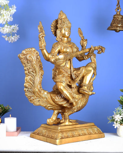 Brass Goddess Saraswati Statue Majestic 30" Tall bright golden tone - Budhshiv.com