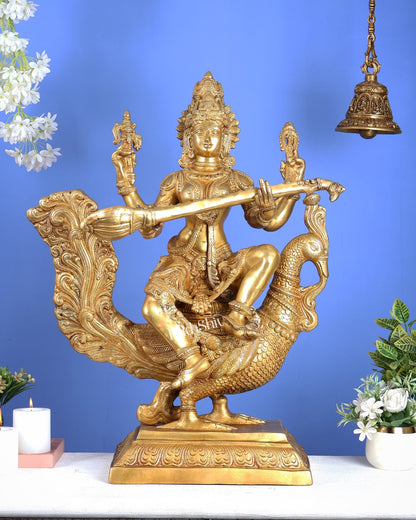 Brass Goddess Saraswati Statue Majestic 30" Tall bright golden tone - Budhshiv.com