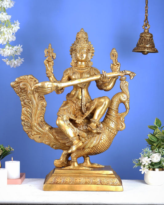 Brass Goddess Saraswati Statue Majestic 30" Tall bright golden tone - Budhshiv.com