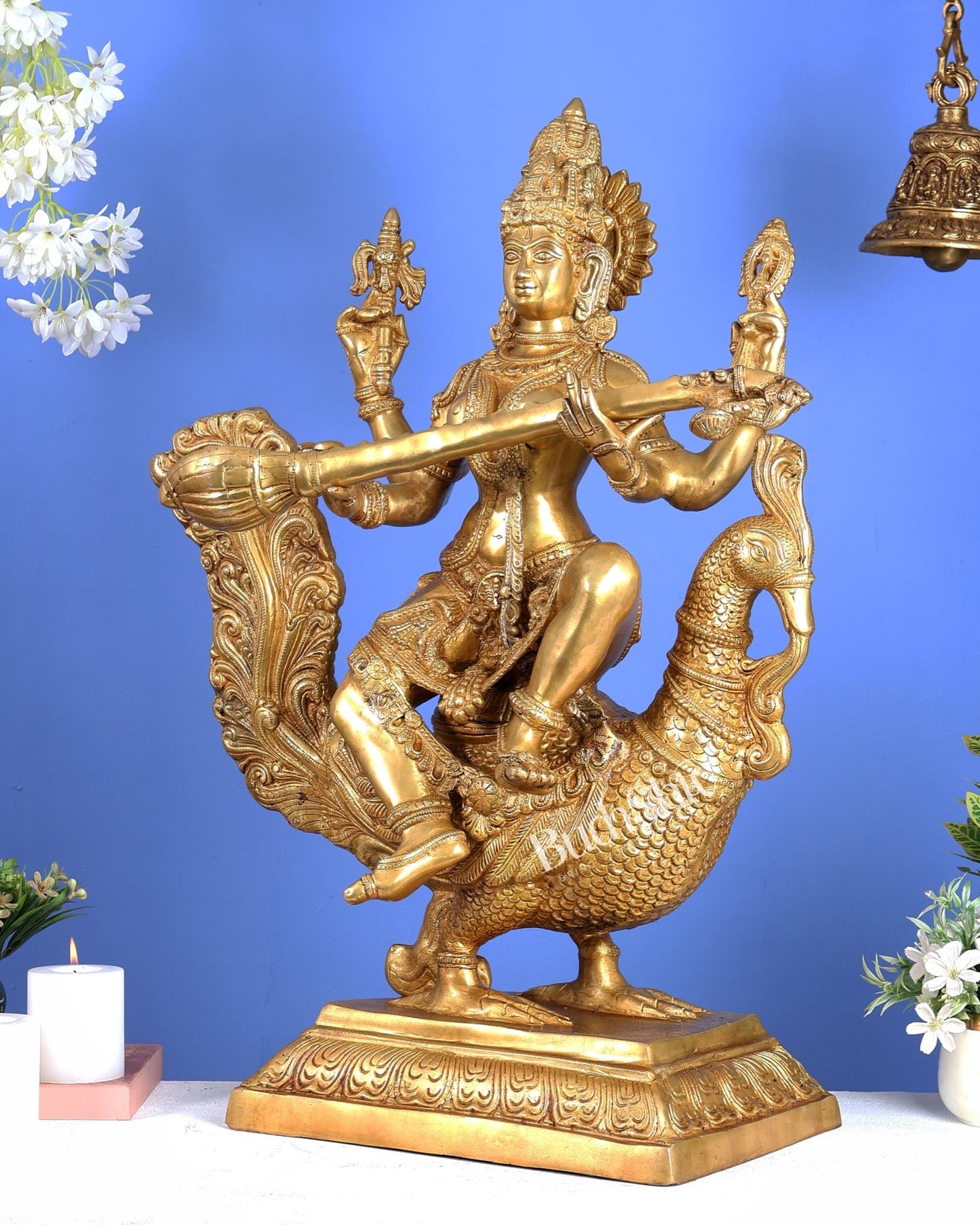 Brass Goddess Saraswati Statue Majestic 30" Tall bright golden tone - Budhshiv.com
