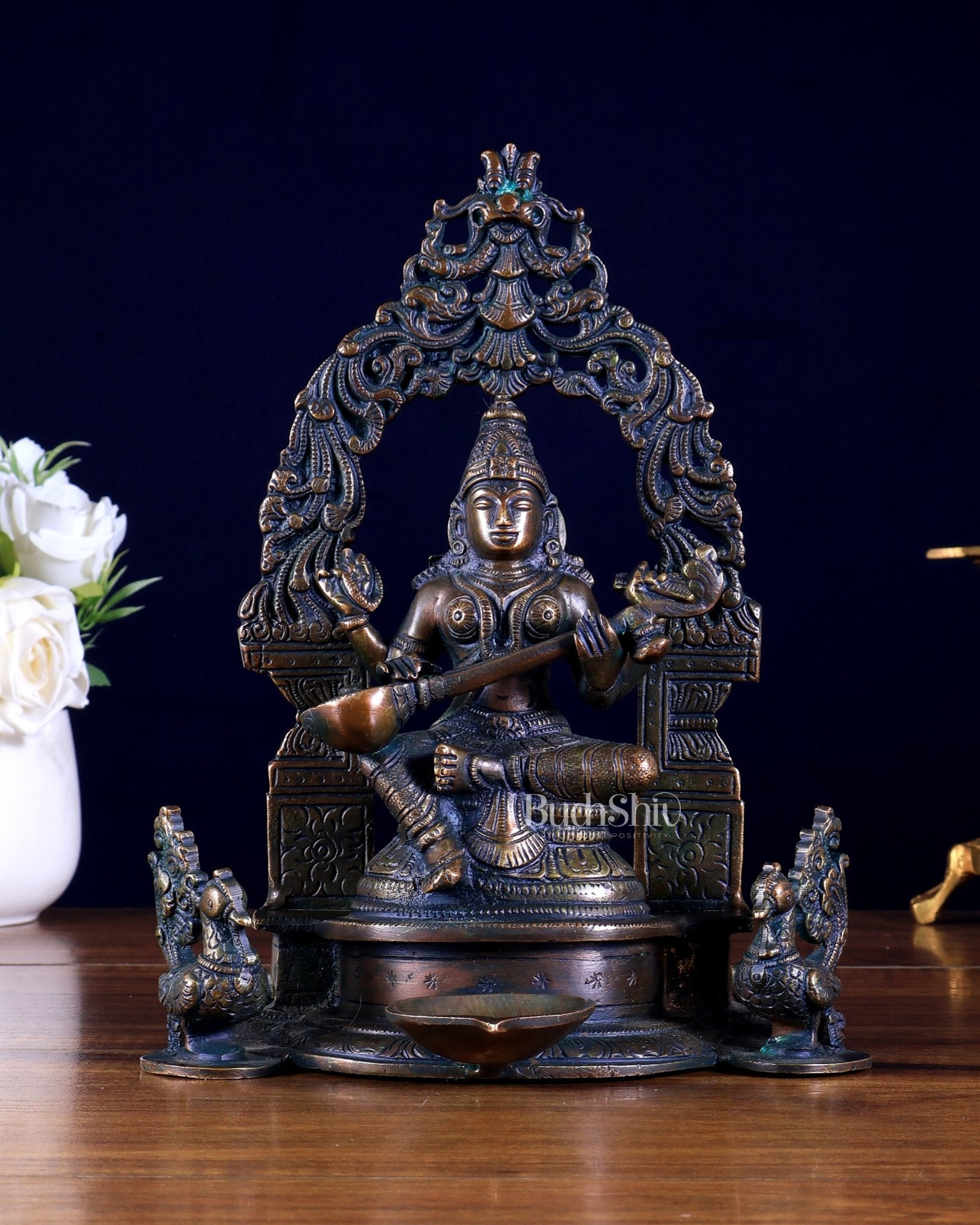 Brass Goddess Saraswati with attached diya and Prabhavali idol - Budhshiv.com