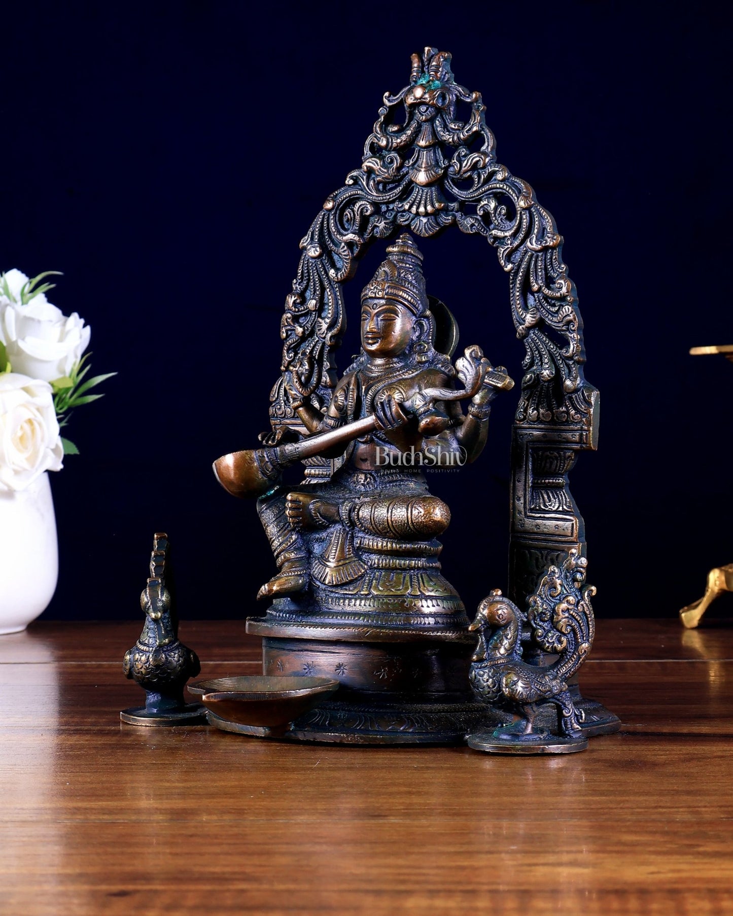 Brass Goddess Saraswati with attached diya and Prabhavali idol - Budhshiv.com