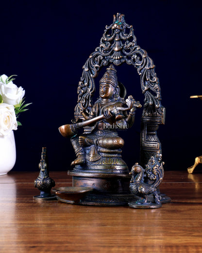 Brass Goddess Saraswati with attached diya and Prabhavali idol - Budhshiv.com
