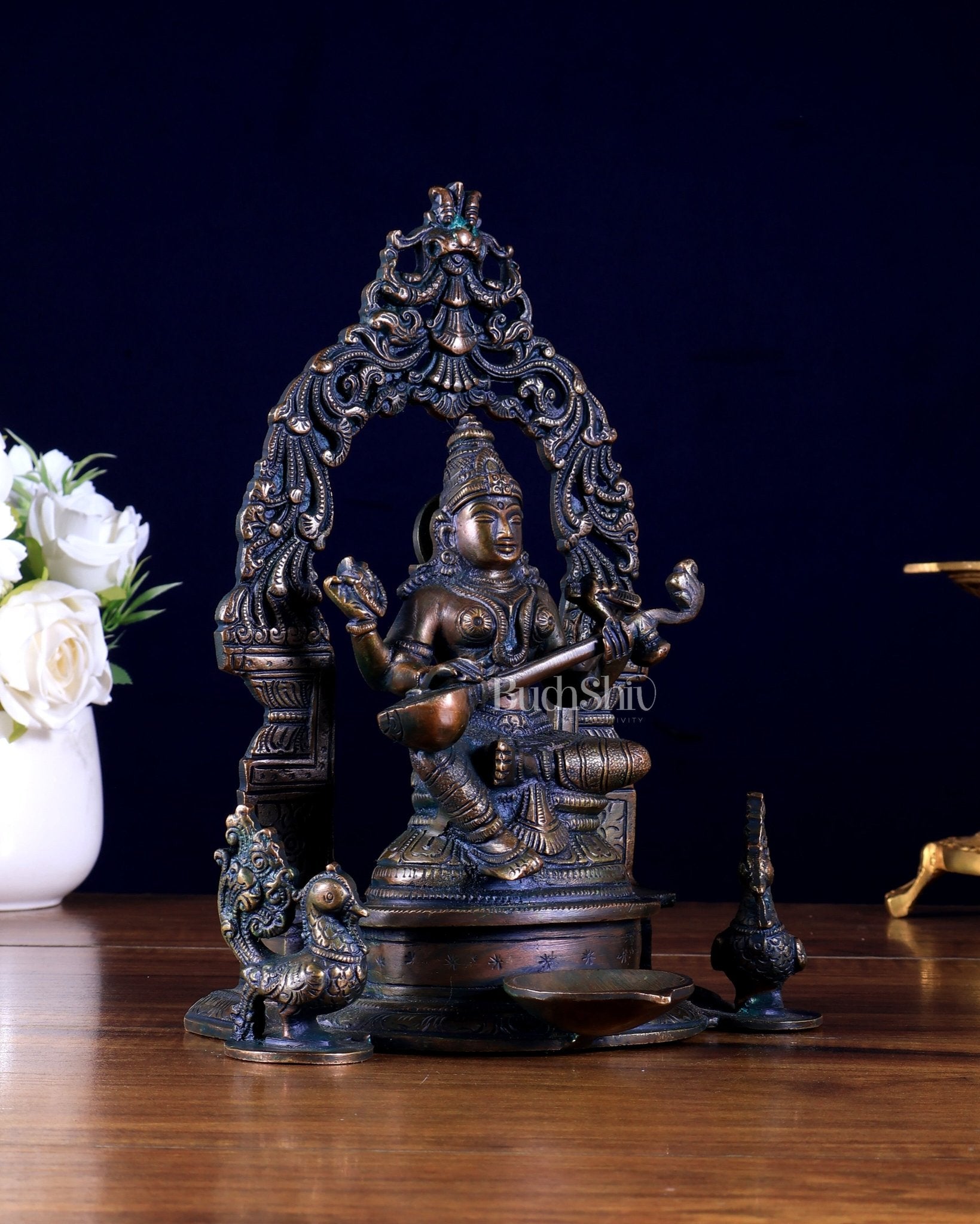 Brass Goddess Saraswati with attached diya and Prabhavali idol - Budhshiv.com