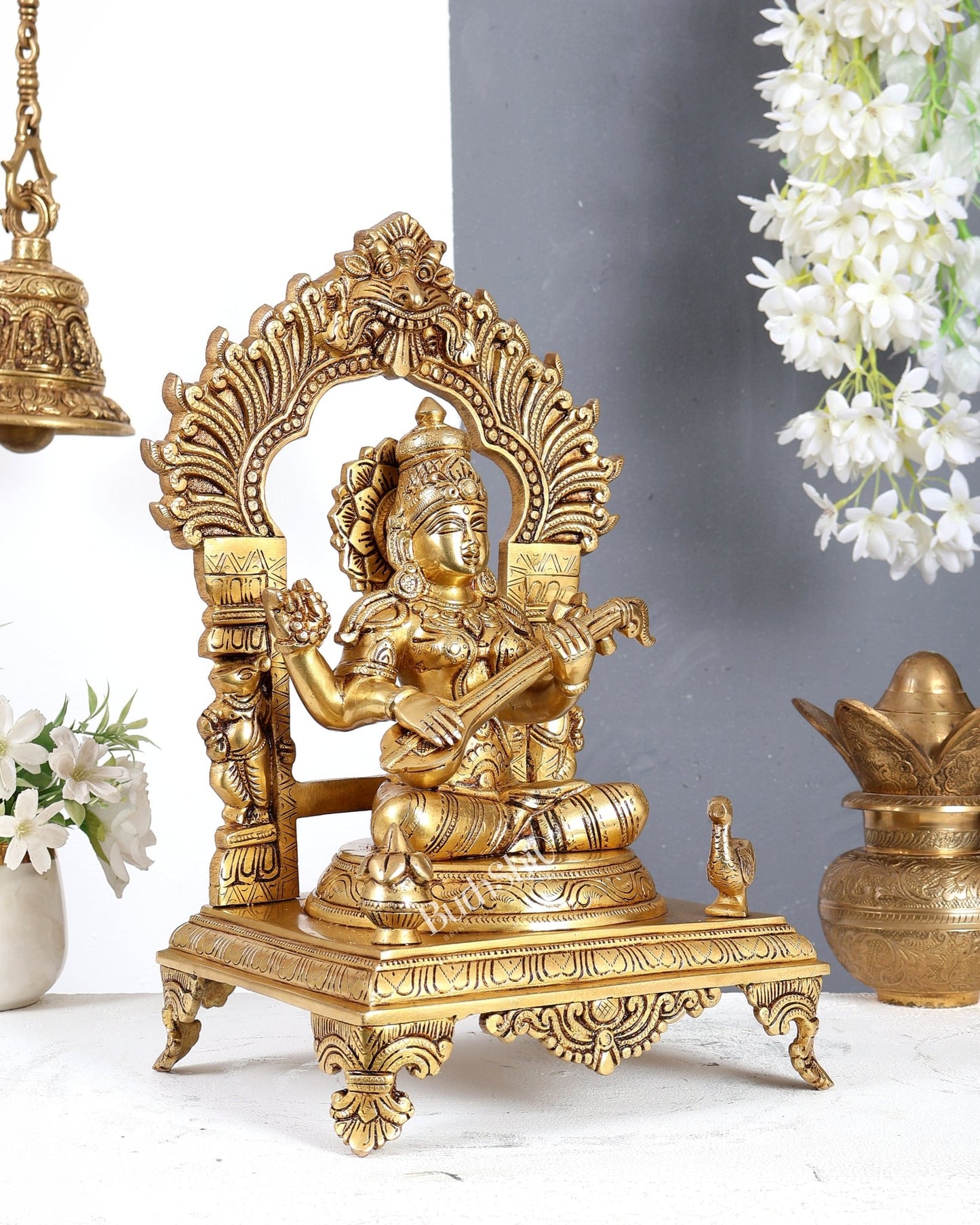 Brass Goddess Saraswati with Swan, Kalash & Prabhavali Idol – Handcrafted Temple Sculpture 14 inch - Budhshiv.com