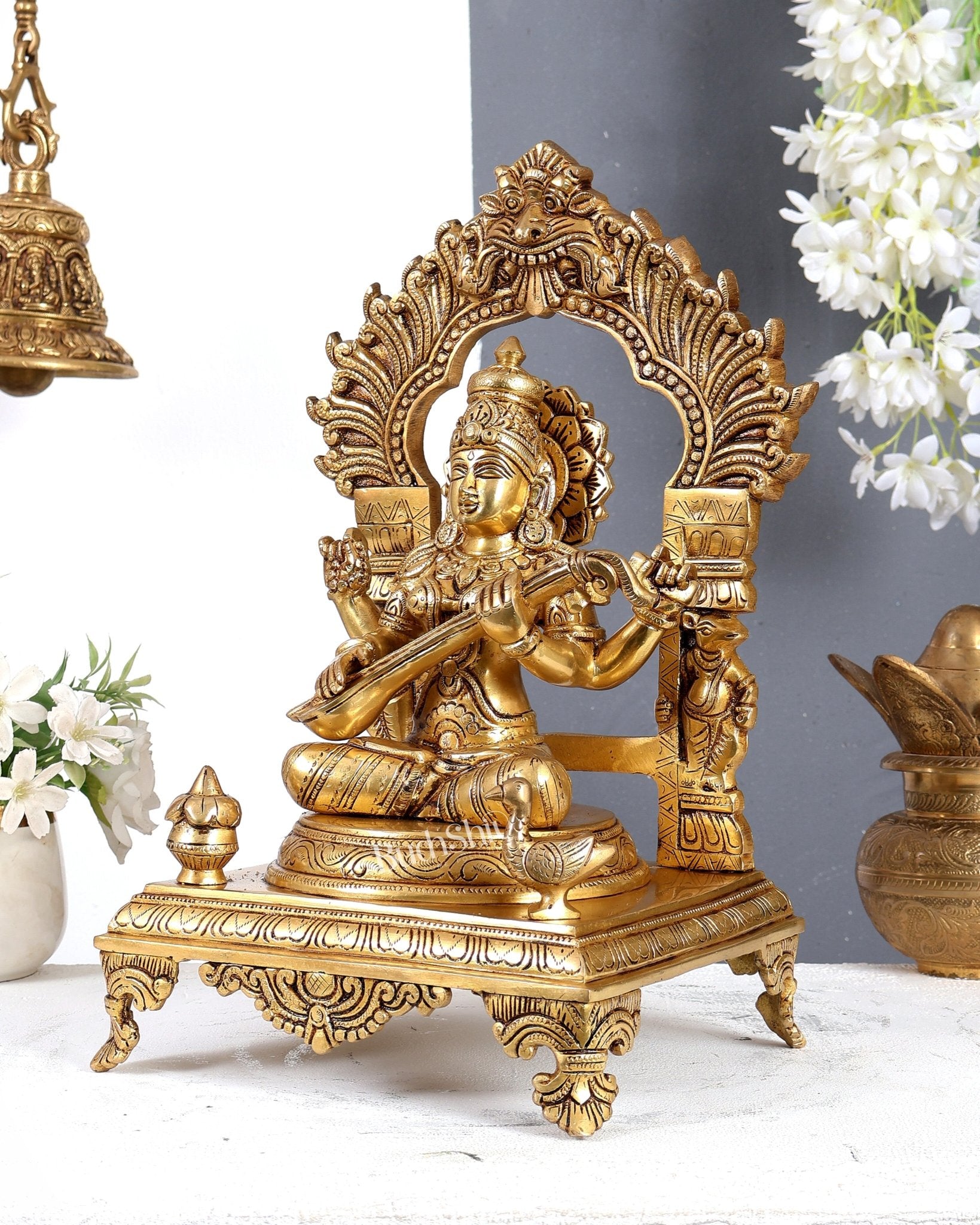 Brass Goddess Saraswati with Swan, Kalash & Prabhavali Idol – Handcrafted Temple Sculpture 14 inch - Budhshiv.com
