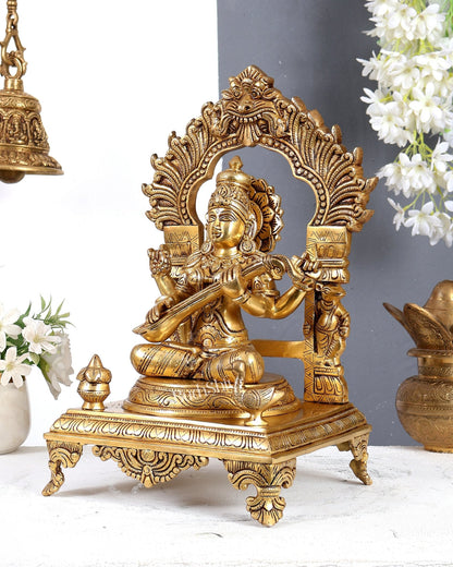 Brass Goddess Saraswati with Swan, Kalash & Prabhavali Idol – Handcrafted Temple Sculpture 14 inch - Budhshiv.com