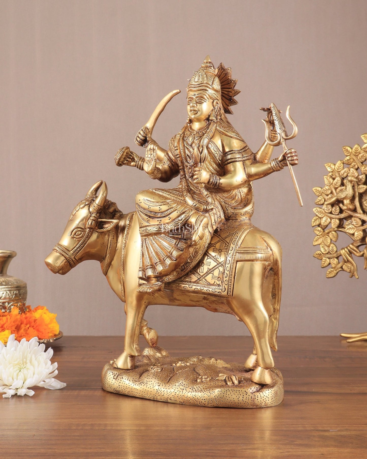 Brass Goddess Umiya Mata Seated on Cow Statue 13.5" - Budhshiv.com