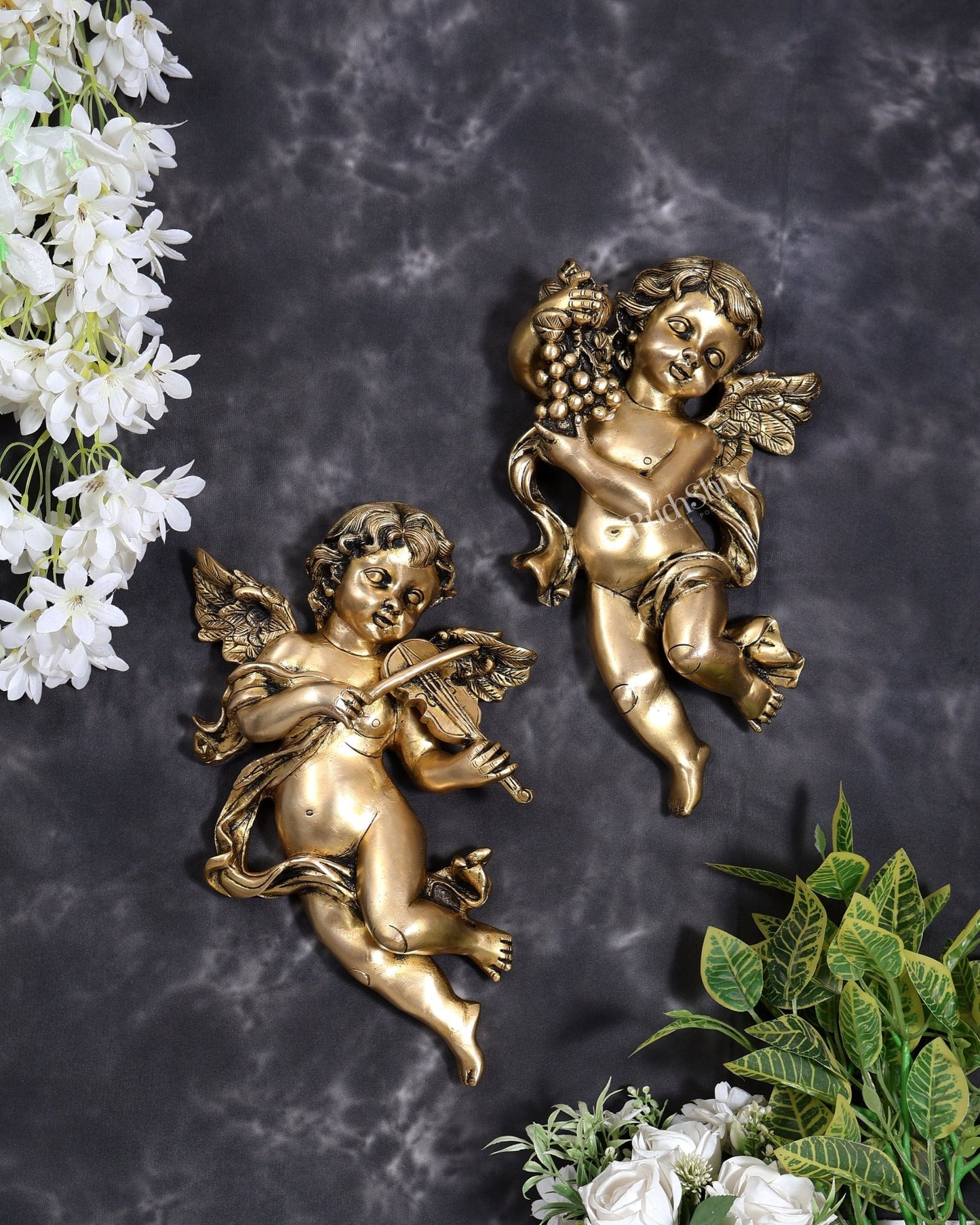Brass Gothic Cherub Angel Wall Hanging Pair | Grape & Violin Angels | Pure Brass European Wall Décor 12 inch - Budhshiv.com