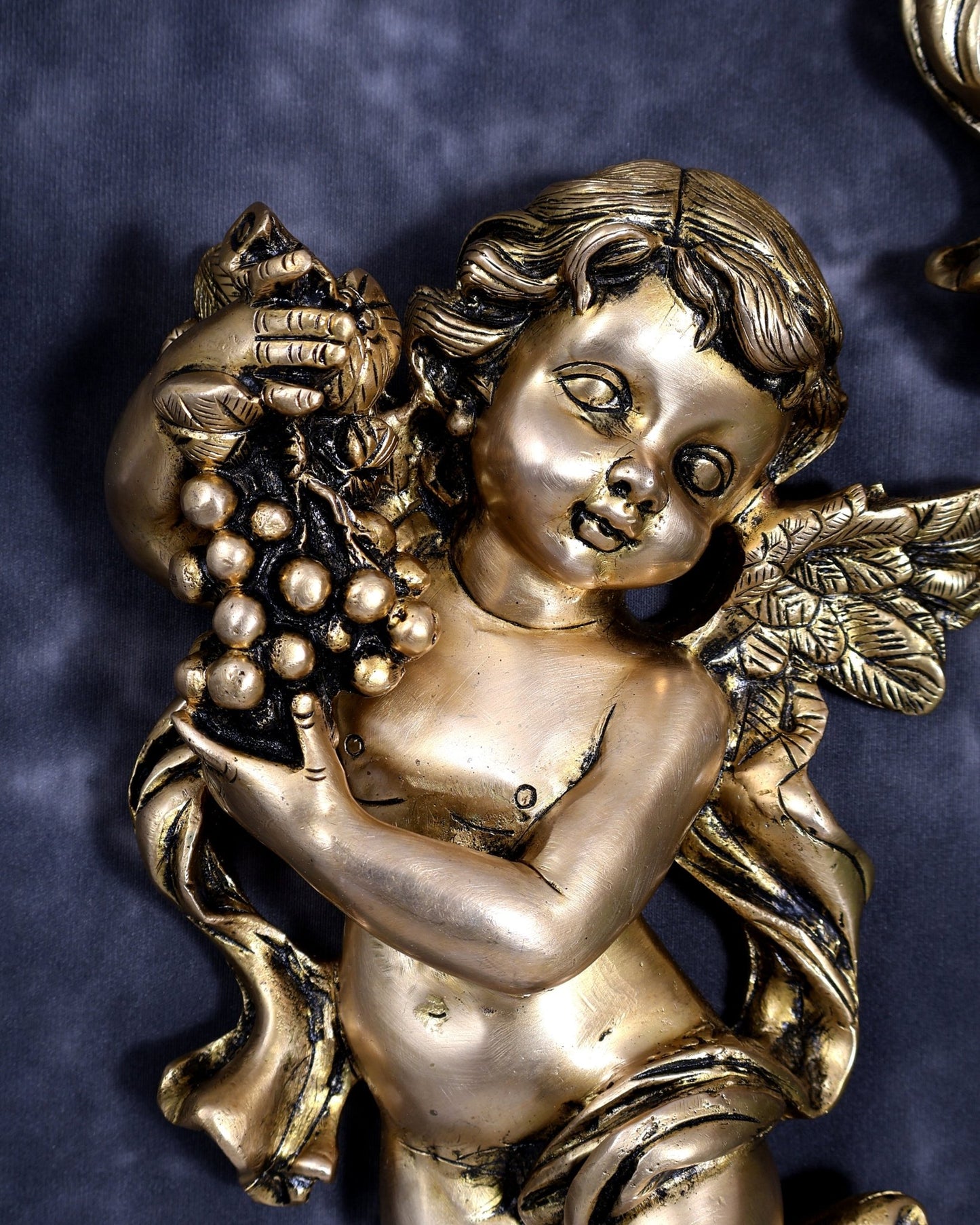Brass Gothic Cherub Angel Wall Hanging Pair | Grape & Violin Angels | Pure Brass European Wall Décor 12 inch - Budhshiv.com