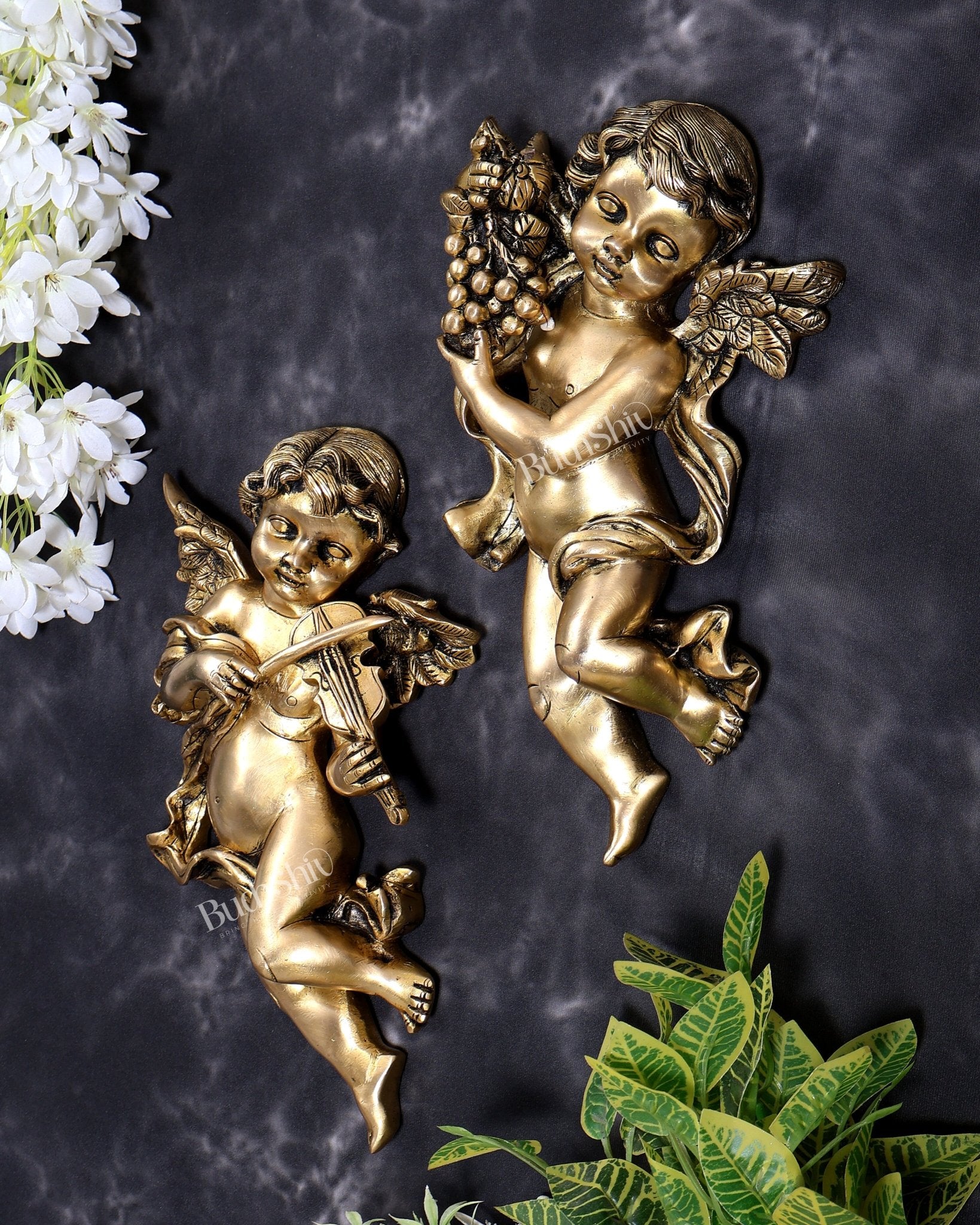 Brass Gothic Cherub Angel Wall Hanging Pair | Grape & Violin Angels | Pure Brass European Wall Décor 12 inch - Budhshiv.com