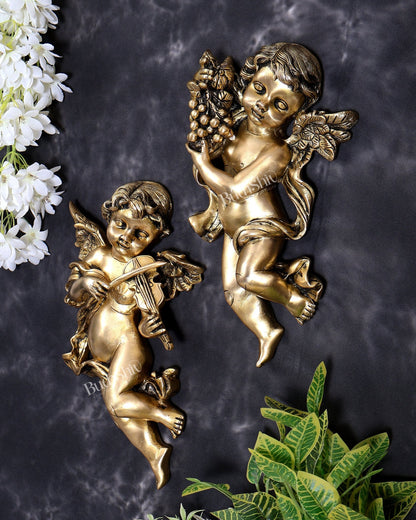 Brass Gothic Cherub Angel Wall Hanging Pair | Grape & Violin Angels | Pure Brass European Wall Décor 12 inch - Budhshiv.com