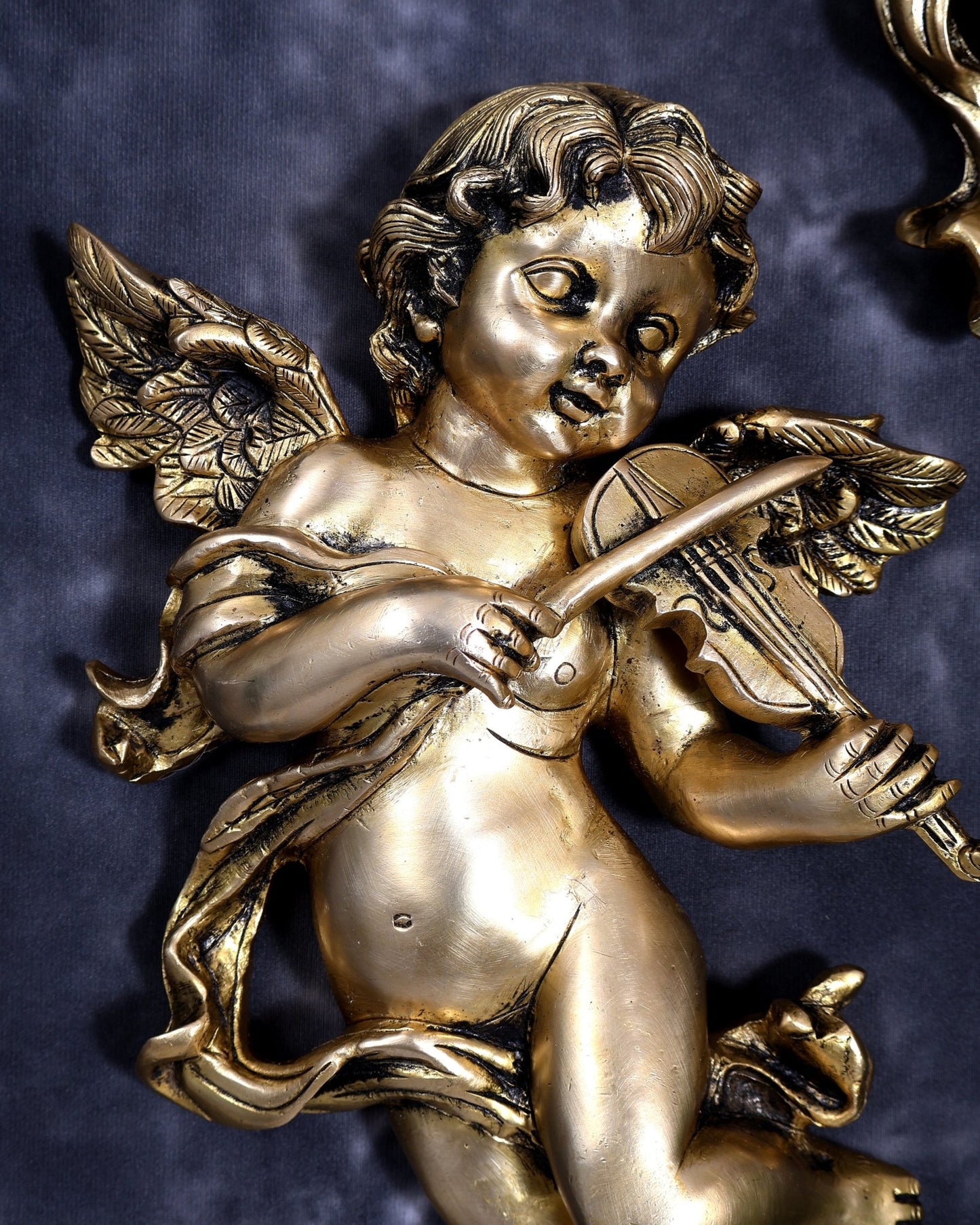 Brass Gothic Cherub Angel Wall Hanging Pair | Grape & Violin Angels | Pure Brass European Wall Décor 12 inch - Budhshiv.com