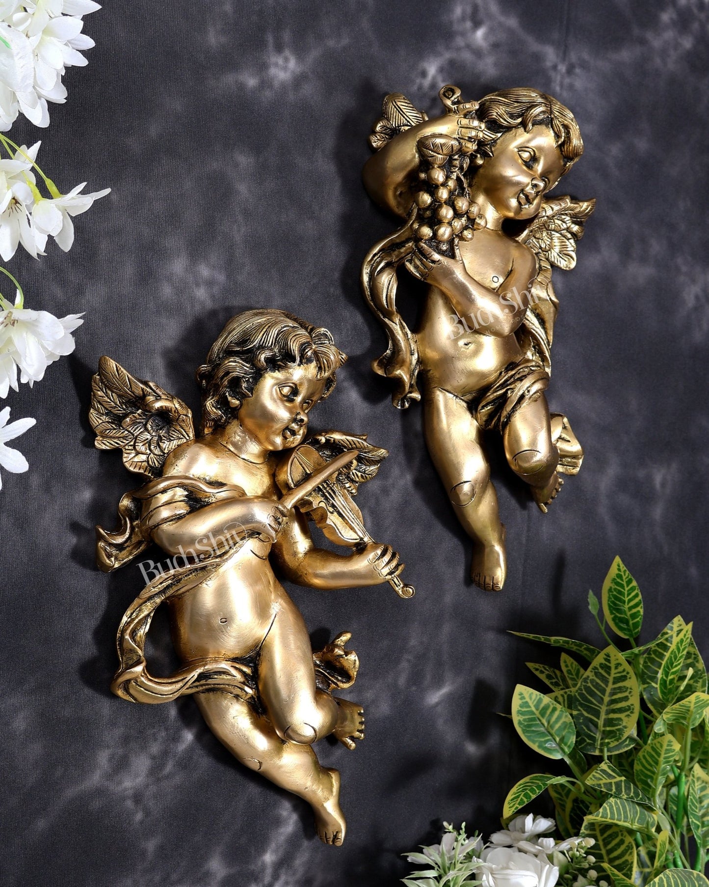 Brass Gothic Cherub Angel Wall Hanging Pair | Grape & Violin Angels | Pure Brass European Wall Décor 12 inch - Budhshiv.com
