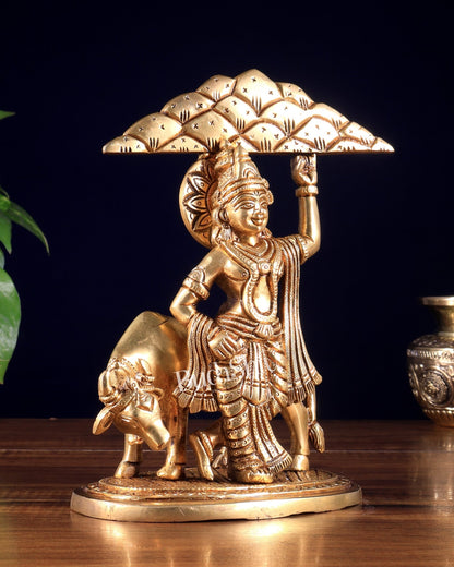 Brass Govardhan Krishna Statue – 8.5 Inch Divine Lifting Govardhan Hill Idol (2.2 KG) - Budhshiv.com