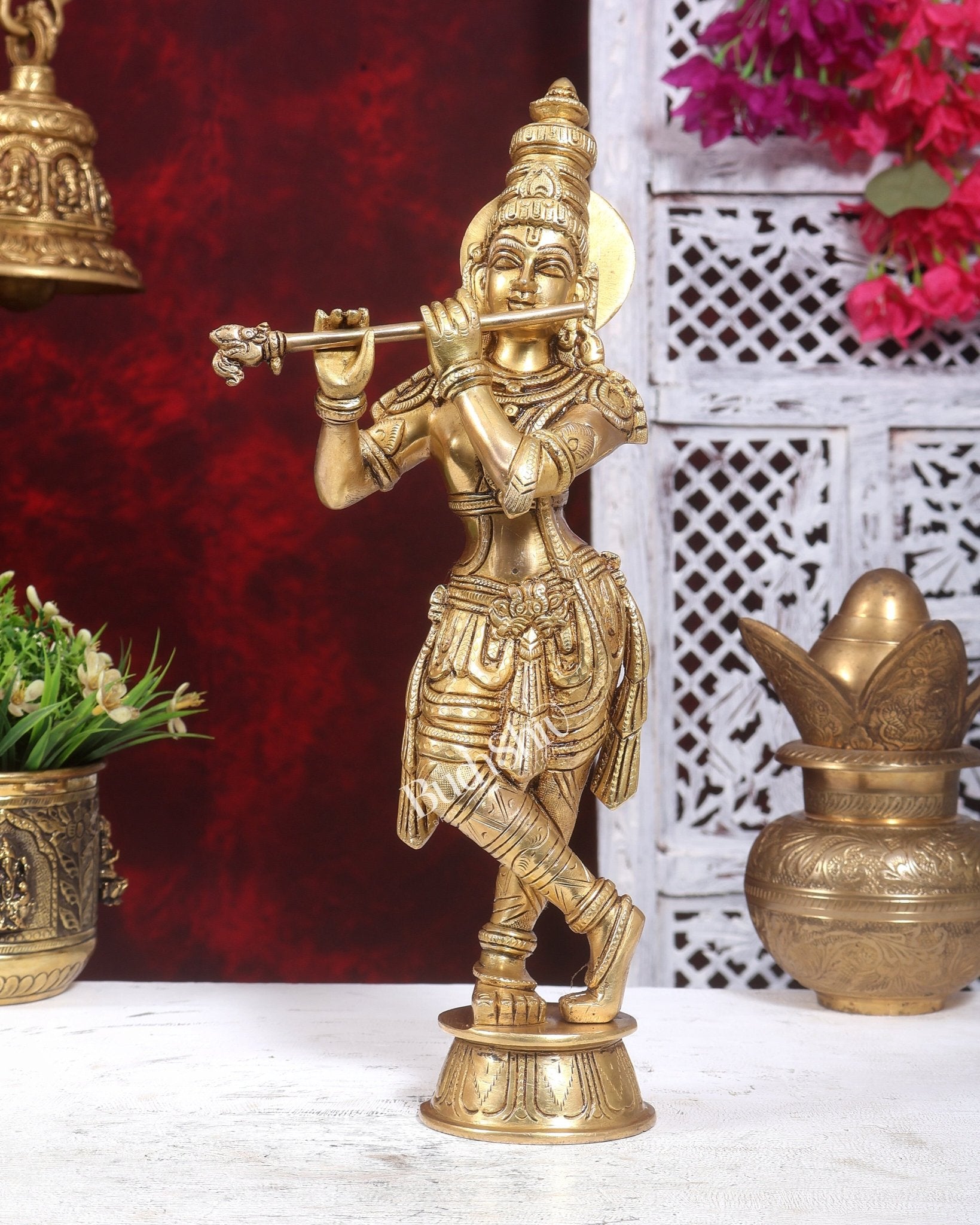 Brass Govinda Krishna Statue | Sleek Kerala Handcrafted Sculpture 13.5 inch - Budhshiv.com
