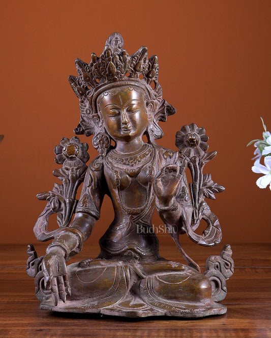 Brass Green Tara Statue 10 inch copper tone - Budhshiv.com