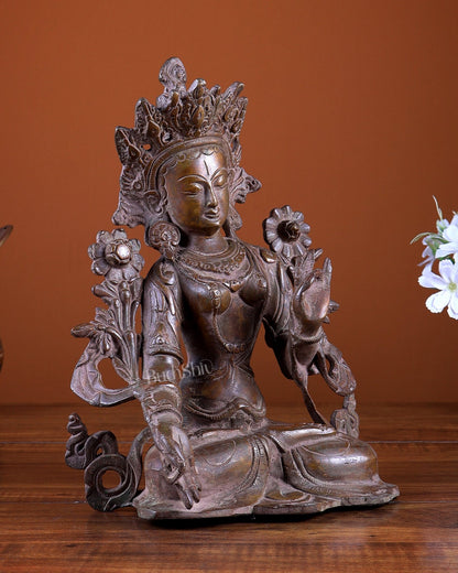 Brass Green Tara Statue 10 inch copper tone - Budhshiv.com