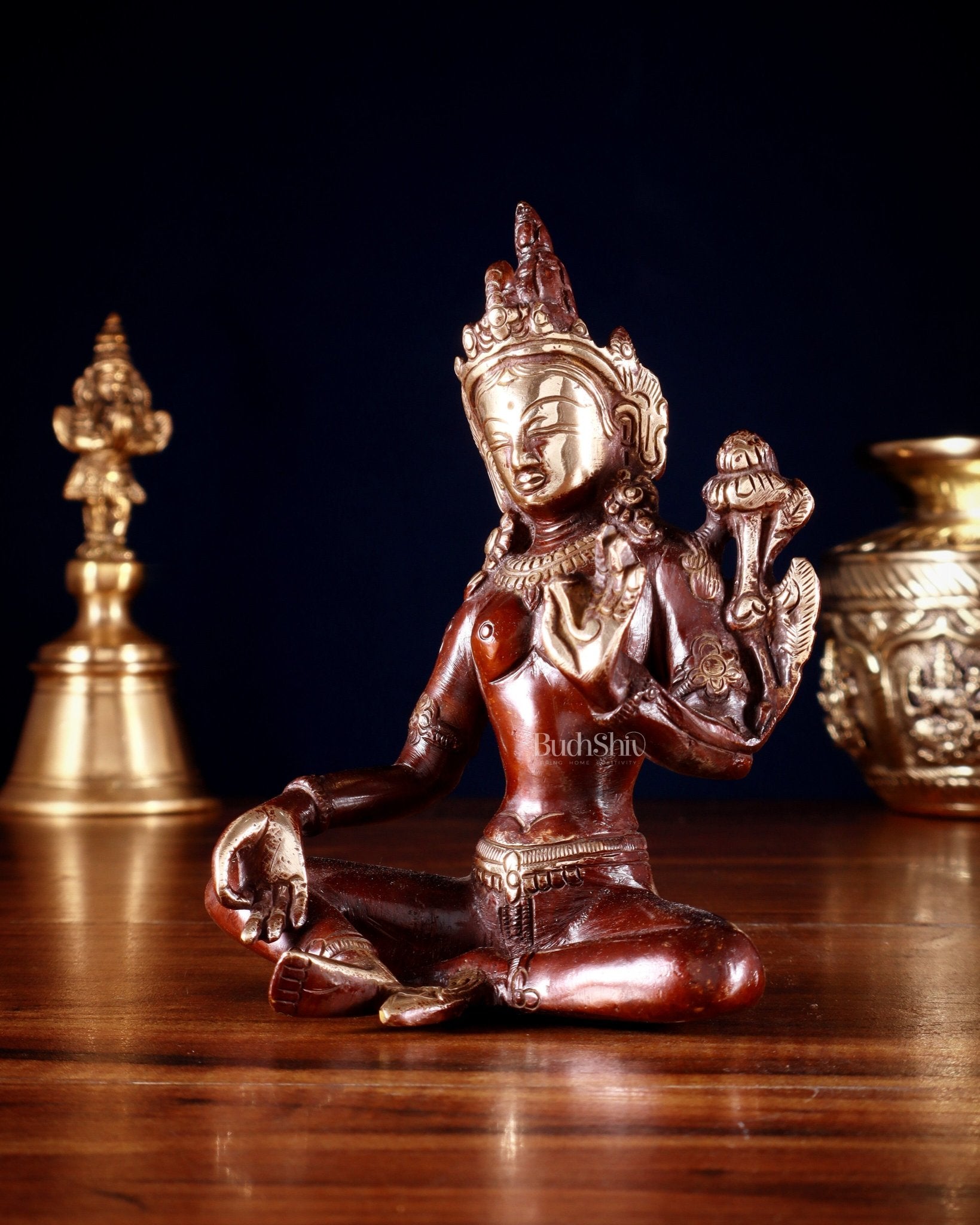 Brass Green Tara Statue – 5.5” (14 cm) | Double Tone Finish - Budhshiv.com
