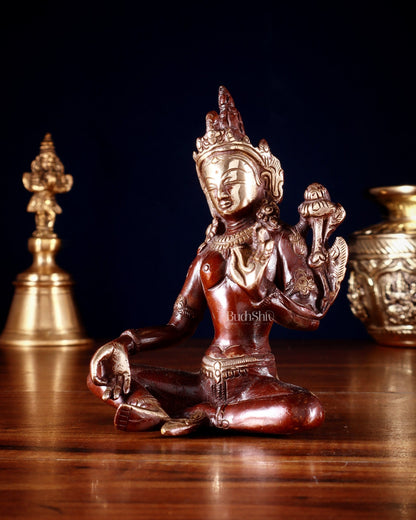 Brass Green Tara Statue – 5.5” (14 cm) | Double Tone Finish - Budhshiv.com