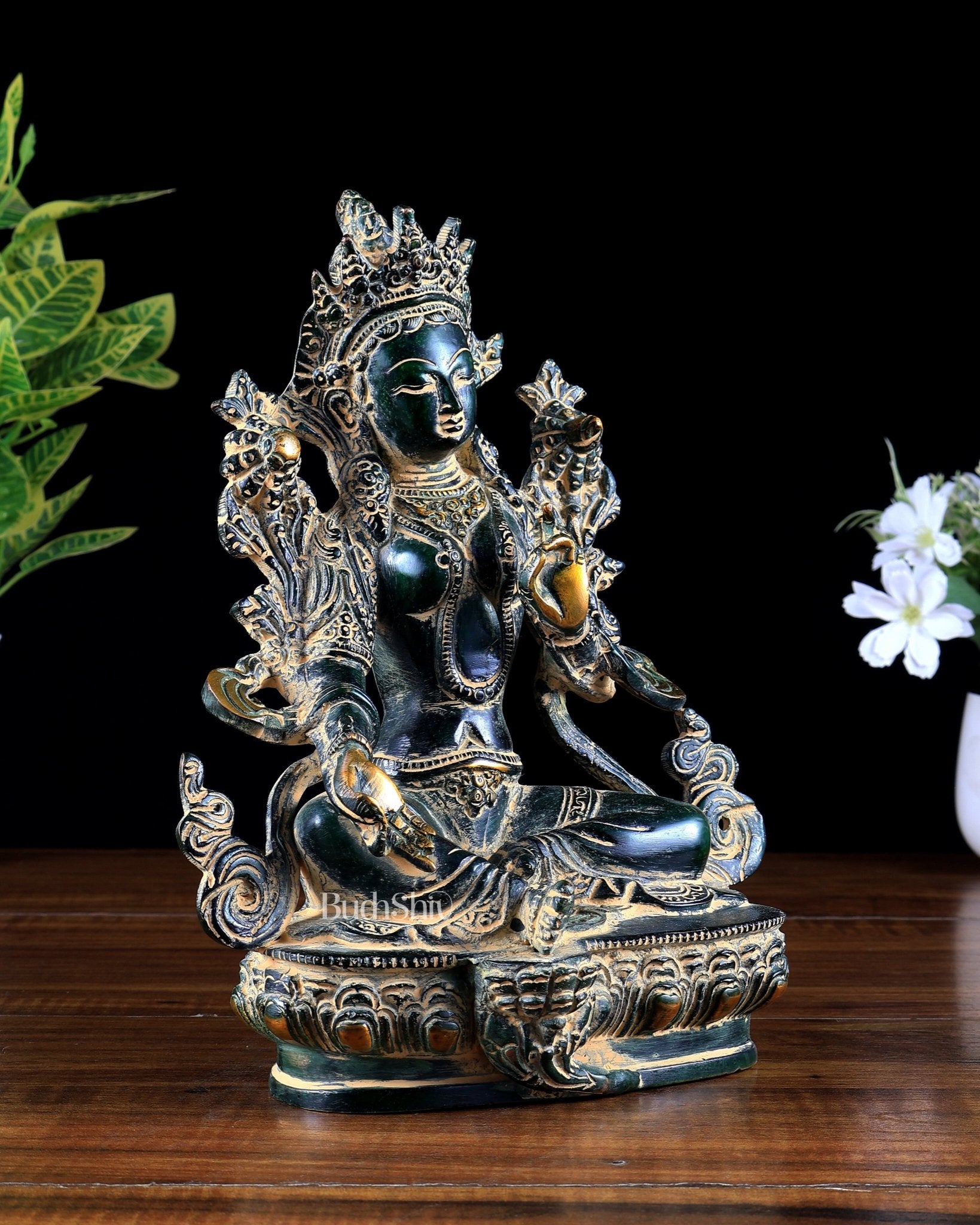 Brass Green Tara Statue – agate sand finish 9 inch - Budhshiv.com
