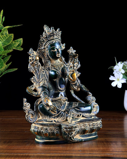 Brass Green Tara Statue – agate sand finish 9 inch - Budhshiv.com