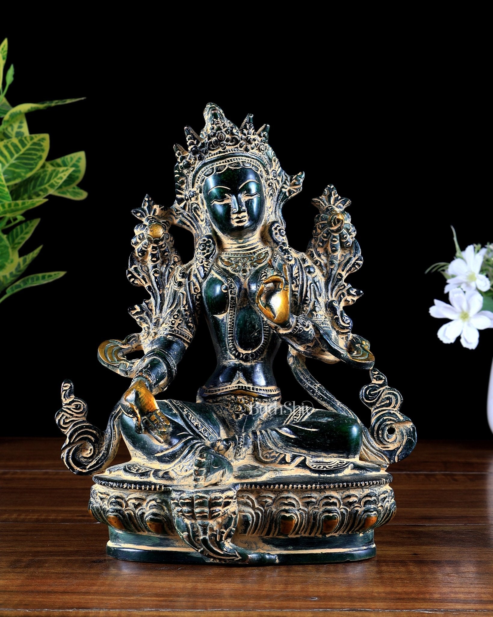 Brass Green Tara Statue – agate sand finish 9 inch - Budhshiv.com