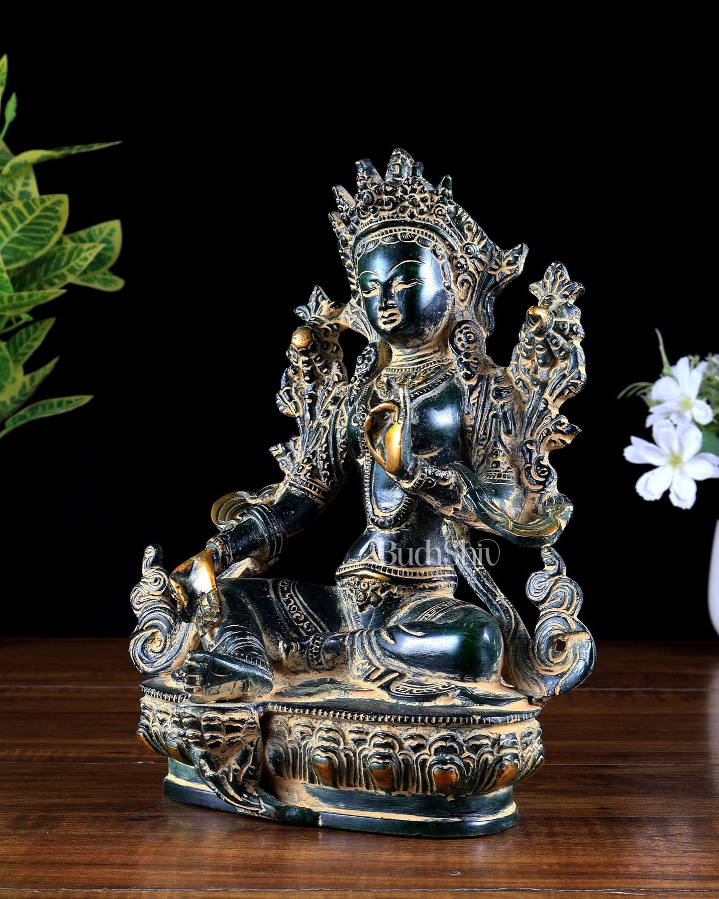 Brass Green Tara Statue – agate sand finish 9 inch - Budhshiv.com