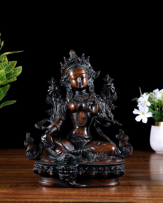 Brass Green Tara Statue – Black sand tone 9 inch - Budhshiv.com