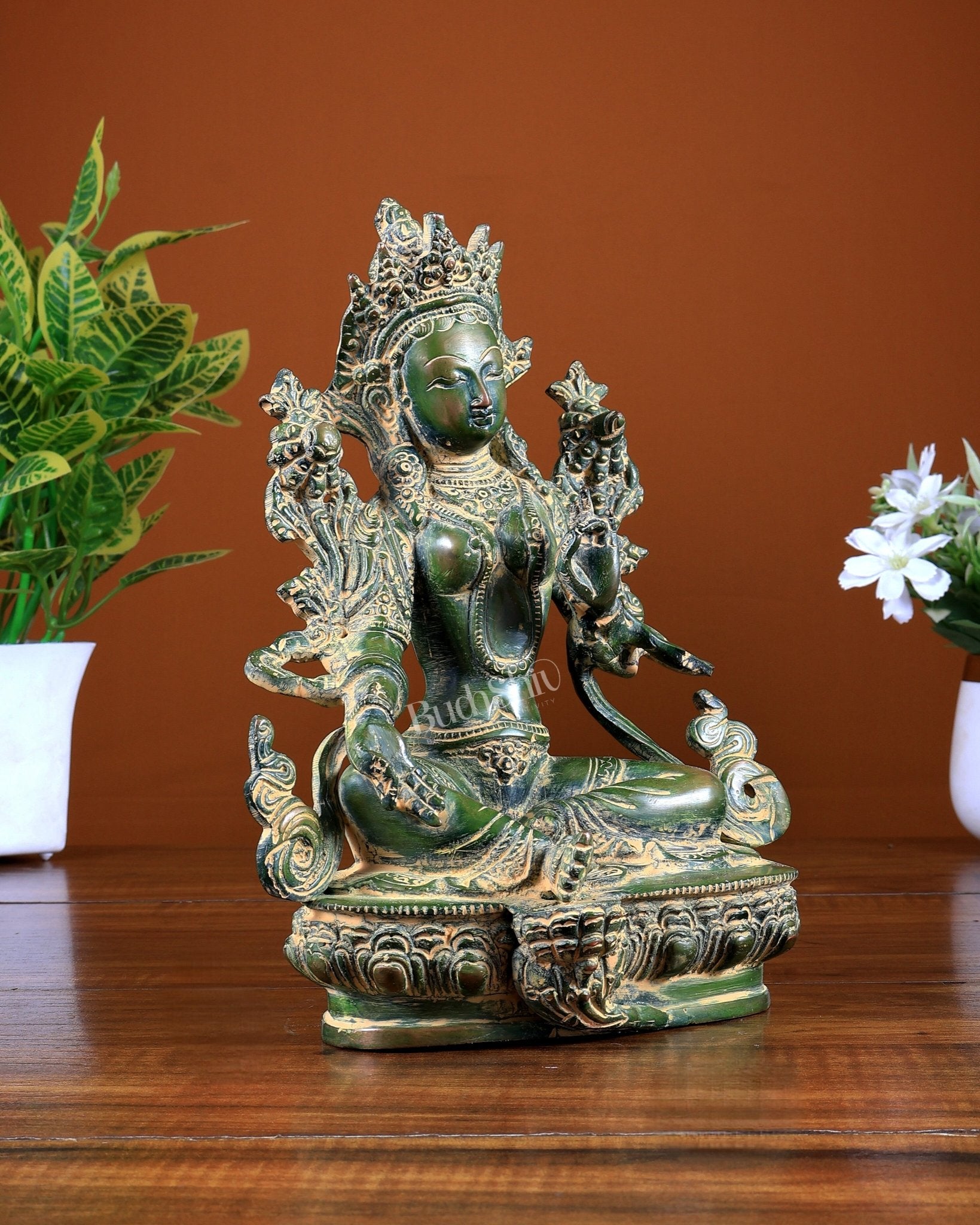 Brass Green Tara Statue – Green Sand Finish 9 inch - Budhshiv.com
