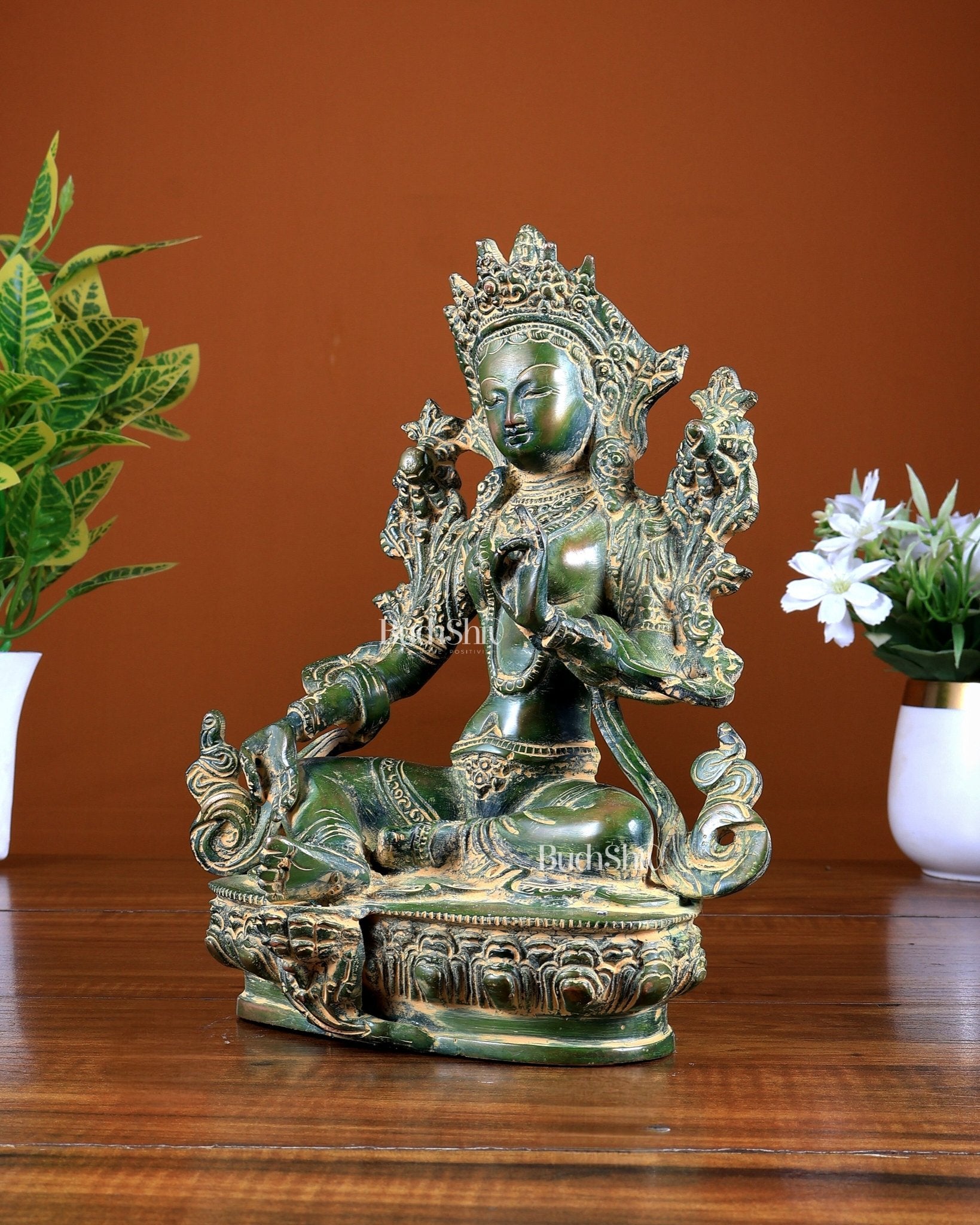Brass Green Tara Statue – Green Sand Finish 9 inch - Budhshiv.com