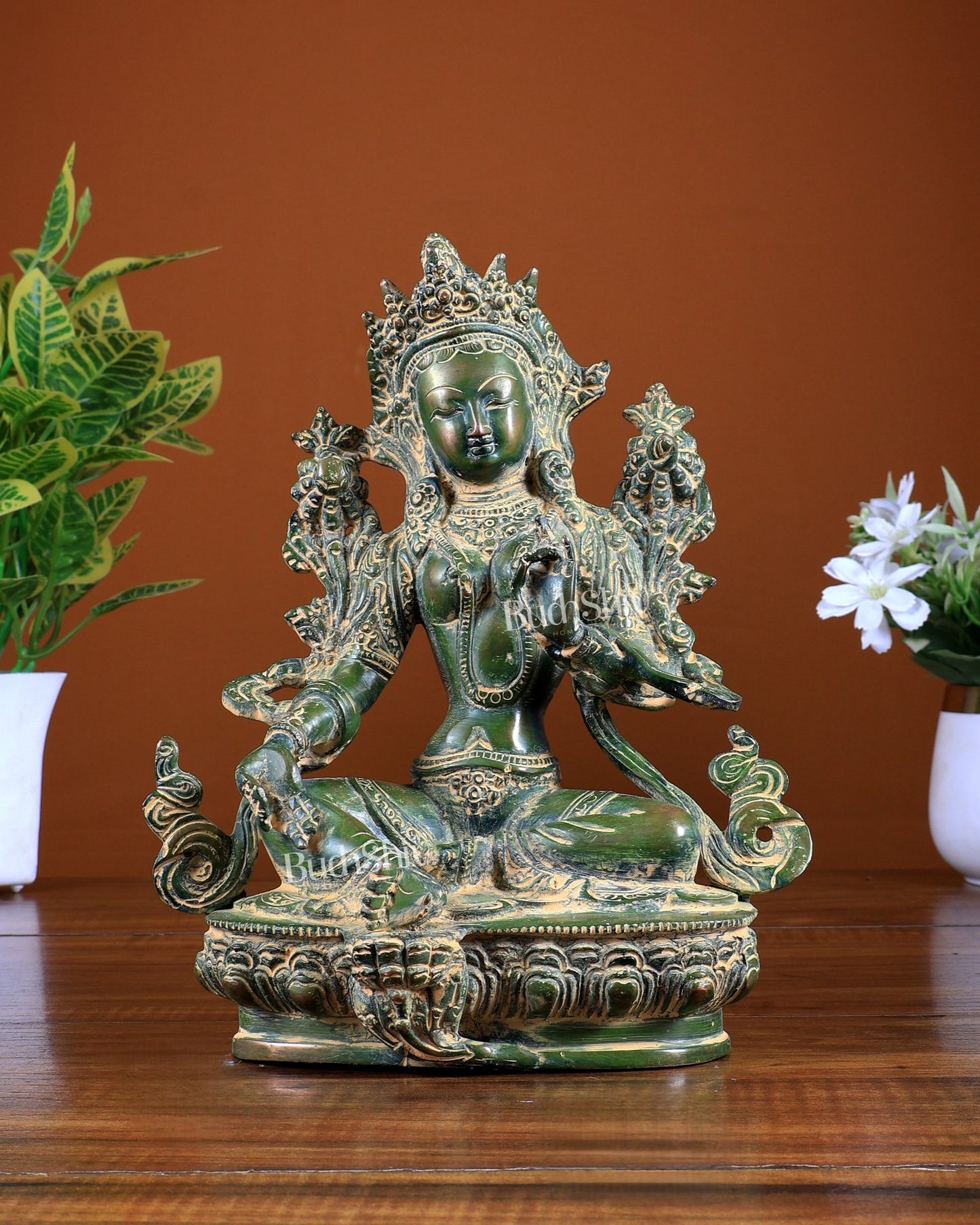 Brass Green Tara Statue – Green Sand Finish 9 inch - Budhshiv.com