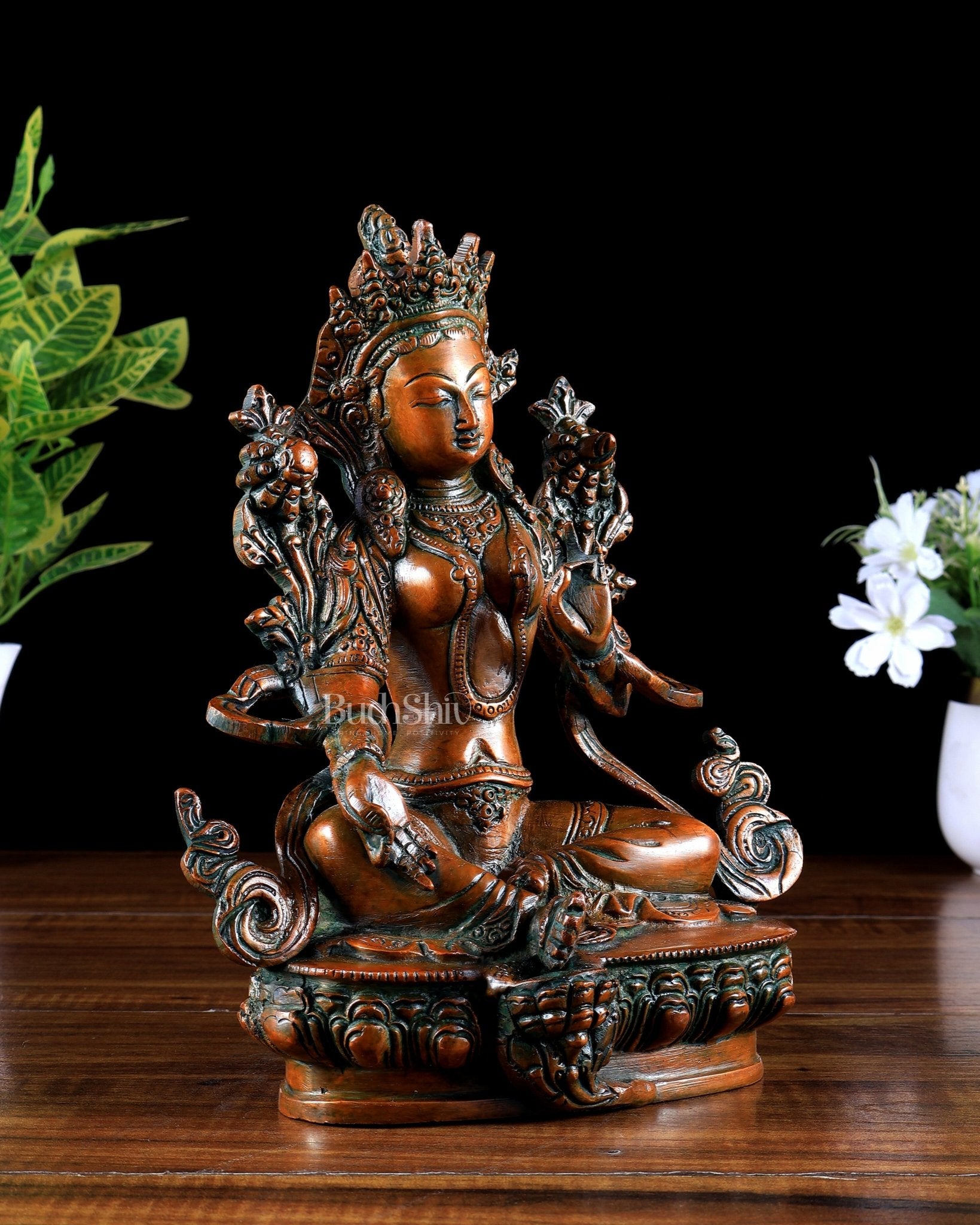Brass Green Tara Statue – Thick copper tone 9 inch - Budhshiv.com