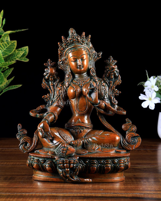 Brass Green Tara Statue – Thick copper tone 9 inch - Budhshiv.com