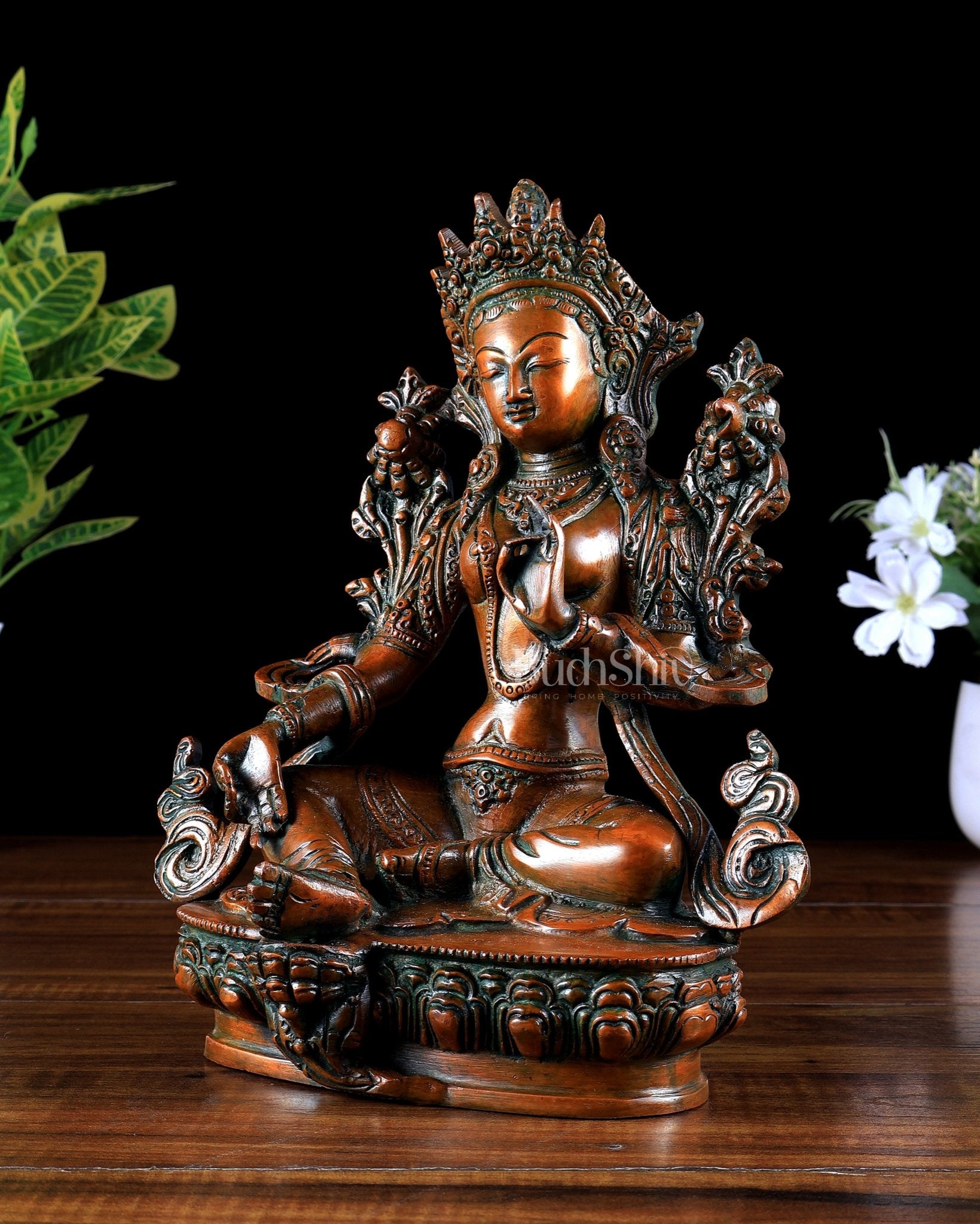 Brass Green Tara Statue – Thick copper tone 9 inch - Budhshiv.com