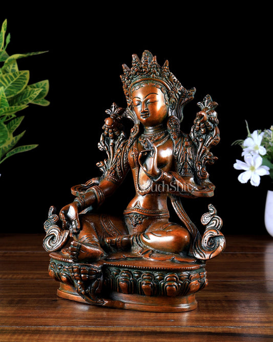 Brass Green Tara Statue – Thick copper tone 9 inch - Budhshiv.com